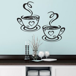 Double Coffee Cups Wall Stickers Beautiful Design tea Cups Room Decoration Vinyl Art Wall Decals Adhesive Stickers Kitchen Decor