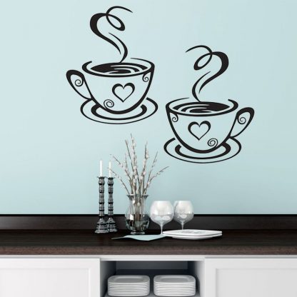 Double Coffee Cups Wall Stickers Beautiful Design tea Cups Room Decoration Vinyl Art Wall Decals Adhesive Stickers Kitchen Decor