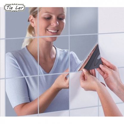 TIE LER 9PCS/Set Square Mirror Wall Sticker Kitchen Wall Mirror Tiles Waterproof Bathroom Wall Sticker Silver Home Decoration